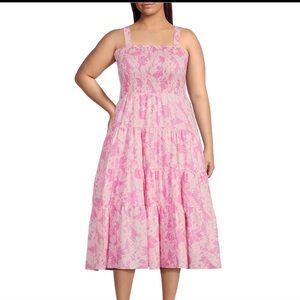 Michael Kors Midi Dress Women’s 1X Pink Floral Sleeveless Tiered Smocked NWT